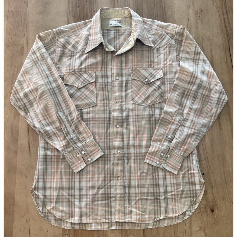 VTG Pendleton Western Wear 100% Virgin Wool XL Pearl Snap Shirt, Beige & Brown